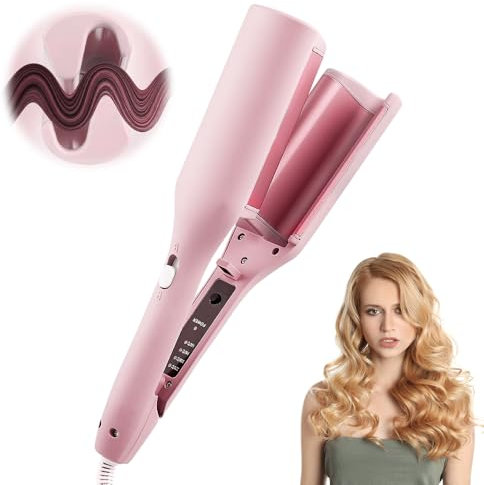 Welleneisen Für Haare, Lockenstab Große Locken, Französischer Wellen Lockenstab, Lockenstab Große Locken Mit 4 Einstellbarer Temperaturen, 32Mm Ionen Keramik Hair Curler Für Lange Kurze Haare (Rosa)