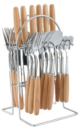 AVEKI Cutlery Set with Stand, 24 PCS Stainless Steel Hanging Silverware Flatware Sets Service for 6 Person, Kitchen Utensil Tableware Set Includ Fork Spoon Knife for Home Festival Party (Wooden)