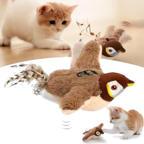 BomKra Interaktives Katzenspielzeug Vogel - Fliegender Vogel Katzenspielzeug mit Katzenminze, Elektrisch Katzenspielzeug Vogel Flattern mit Vogelruf, Wiederaufladbar, 3 Vibrationsmodi (Spatz*2)