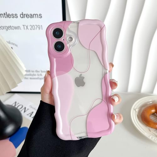 DEFBSC Compatible with iPhone 16 Plus Case, Cute Wavy Curly Shape Colour Mix Aesthetic Design Durable Stylish Shockproof Full Camera Protection Clear Phone Cover for Girls Women - Pink