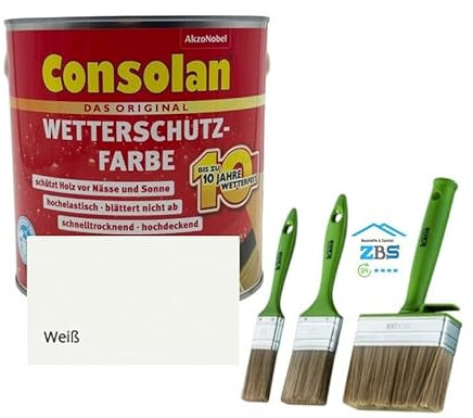 zbs24 Consolan Wetterschutzfarbe hockdeckende Holzfarbe für Aussen, inkl. 3 teiligen Pinselset zur einfachen Verarbeitung der Holzfarbe (weiß, 2,5 Liter)