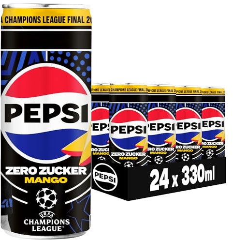 Pepsi Zero Zucker Mango Geschmack, Das zuckerfreie Erfrischungsgetränk von Pepsi ohne Kalorien, Koffeinhaltige Cola mit Mango Geschmack in der Dose, EINWEG (24 x 0.33 l)