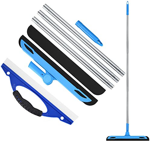 Raclette de sol, raclette à eau, raclette de douche, raclette de douche, sol d'essuyage, raclette à eau articulée 180°, raclette de fenêtre avec long manche – Bleu