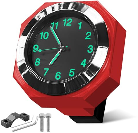 LEKEFETO MotorradUhr Wasserdicht, Motorrad Fahrrad Uhr Leuchtende, Motorraduhren für Lenker, Uhr Motorrad, Motorrad Fahrradzubehör, Durchmesser 22-26 mm - Rot