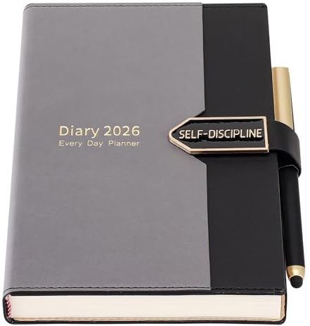 Mljtoyo A5-Tagesplaner 2026, Tag pro Seite, Hardcover-Produktivitäts-Tagesplaner, Tagebuch, Ganzjahresplaner von Januar 2026 bis Dezember 2026, mit Stift, farbige Seitenregister, Schwarz