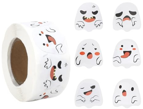 500 Stück Spooky Face Halloween Aufkleber Rolle (8 Motive) - Geister Sticker für Party, Schule, Fensterdeko 2,5cm Vinyl Aufkleber für Kinder & Erwachsene, DIY Geschenk