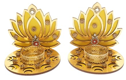 Set of 2 Tea Light MDF Wooden Lotus T Light Holder Candle Stand Tealight for Festival Indian Traditional Festival Decorations Lighting Accessories Home Decor(Without Wax)(Size:-4)(Yellow,Golden)