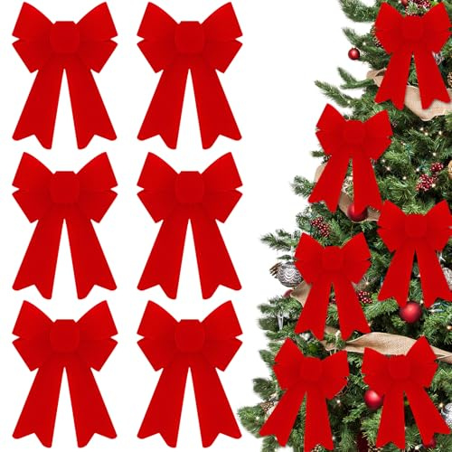 6 Pezzi Fiocchi per Albero di Natale Rosso 15x13cm PVC Fiocco Puntale Albero di Natalizi Fiocchi Velluto Rossi Natalizio Decorazioni Natale per Uso Interno ed Esterno, Porte, Finestre e Caminetti