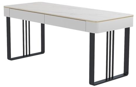 ZENGXJYCQINGJIANG Gaming Desk Modern PC Desk Writing Table with 2 Drawers, White Vanity with Rock Slab Top and Metal Frame for Home Office Bedroom(Black,XL)