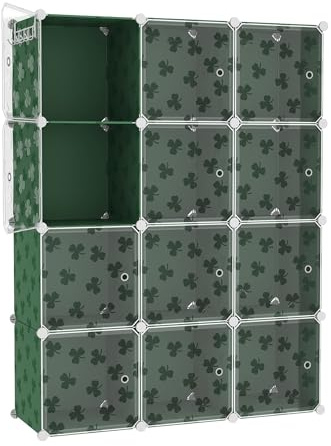 C&AHOME Würfelförmiges Aufbewahrungsregal mit Türen, 12-Würfel-Regalbretter, Schrankschrank, DIY-Modulregal aus Kunststoff, 93,5 cm L x 31,8 cm B x 122,9 cm H,Grün