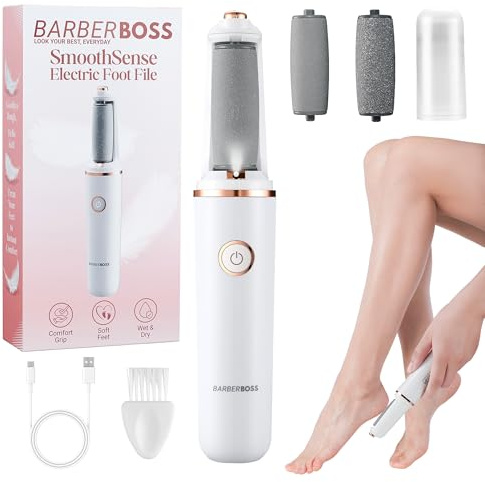 BarberBoss Electric Foot File, Callus Remover for Feet, Rechargeable Pedicure Kit, Fine & Coarse Roller Heads, USB Charging, Protective Cap, Portable Hard Skin Feet Callus Remover, QR-5101