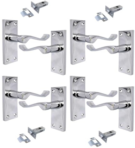 Haven Heritage Victorian Scroll Lever Door Handle on Backplate – Polished Chrome, 118mm x 42mm -Pack of 4 with 63 mm Tubular Latch