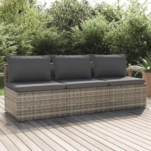 Bucmath Gartensofa 3-Sitzer mit Kissen Grau, modernes Poly Rattan Loungesofa, langlebiges Outdoor Möbel Set mit Stauraum, verstellbare Füße, 171 cm breit