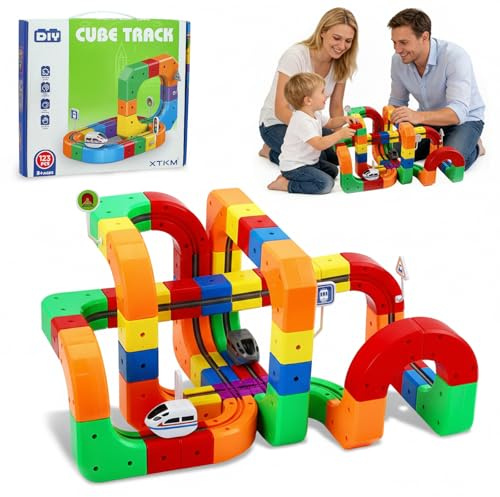 Yapasopu Set di treni cubici Magic Rail da 123 pezzi, set di treni elettrici, layout 3D incorporati, pista da corsa flessibile, giocattolo per la costruzione di auto motorizzate che sfidano la gravità