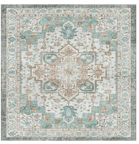 Mehrfarbiger orientalischer Vintage-Teppich, quadratisch, Blumenmuster, 100 x 100 cm, Cyan, für Wohnzimmer, Schlafzimmer, Gästezimmer, stilvolle Heimdekoration und Nachttisch-Accessoire