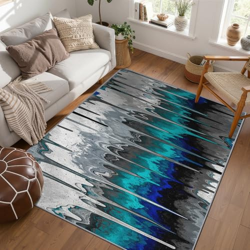 PaxGloz Blau Grau Teppich - Teppiche Wohnzimmer Schlafzimmer Grau Petrol Farbverlauf, Großer Teppich Modern Abstrakt, Weich Kurzflor & Waschbar & rutschfest Bettvorleger 140x200 cm