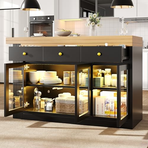 ZKLOEP Isla de cocina, extensible con iluminación LED, 120-200 cm, 3 cajones y puertas de cristal, control de aplicación, color blanco y negro