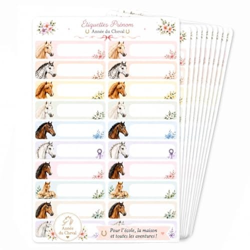 200 pcs Étiquettes Cheval Scolaires - Autocollants Thème Équestre