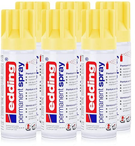 edding Permanent Spray Premium-Acryllack pastellgelb 200ml – seidenmatt – Sprühlack deckt sofort, trocknet extrem schnell und hält dauerhaft innen & außen, für Glas, Metall, Holz uvm. (6er Pack)