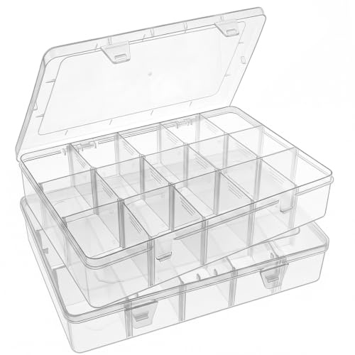 SGHUO Transparente Kunststoff-Organizer-Box für Washi-Tape, Angelbox, Schmuck, Handwerk, Organizer, Behälter mit verstellbaren Trennwänden, 2 Stück