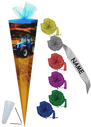 alles-meine.de GmbH stabile Spitze - aus Kunststoff - verschiedenes Zubehör frei wählbar - passend für Schultüte - Traktor blau 50/70 / 85 cm - mit Tüllabschluß - mit/ohne Ku..