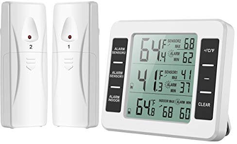 Brifit Thermomètre Frigo, Thermometre Réfrigérateur avec Alarme Congélateur, Thermomètre Intérieur Extérieur Sans Fil avec 2 Capteurs, MIN/MAX et Alarme Température, Thermomètre Connecté pour Maison