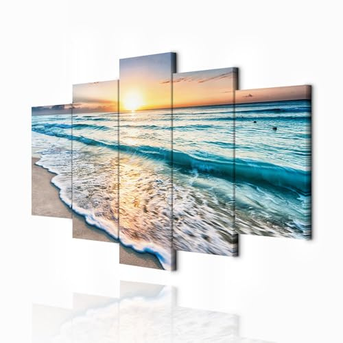 decomonkey Wandbilder Strand Meer 200x100 cm XXL 5 Teilig Leinwandbilder | Bild auf Leinwand, Kunstdruck, Wanddeko, Wohnzimmer, Wanddekoration, Sonnenuntergang, Landschaft