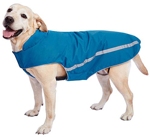 Wasserdichter Hundemantel Hundejacke mit Kragenloch Klettverschluss Fleece gefüttert reflektierender Wintermantel für mittelgroße große Hunde Blau 5XL