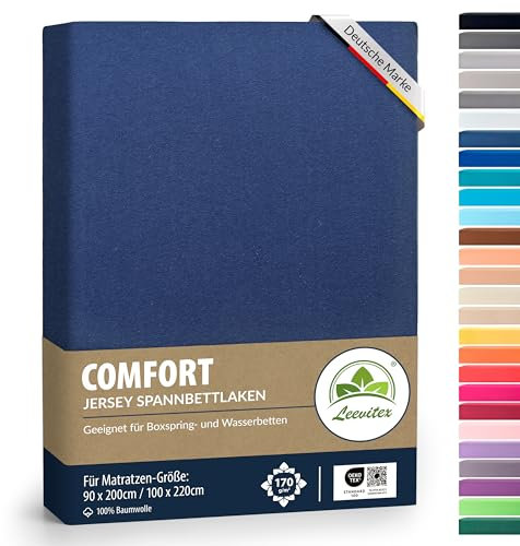 leevitex® Premium Spannbettlaken 90x200-100x220 cm - 40 cm Steg - auch für Boxspringbett & Wasserbett | 100% Mako-Jersey-Baumwolle | ÖKO-TEX | 170g/m² | Navyblau/Marine