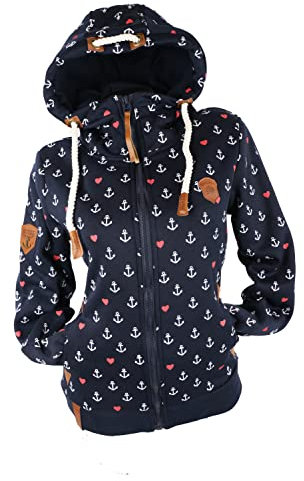 xy Damen Sweat Jacke Hoodie Kapuze Fleece gefüttert Übergangsjacke Herz (Dunkelblau, XXL)