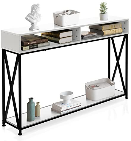 GOPLUS Table Console avec Etagère Ouverte et Compartiments de Rangement Cadre en Fier, Table d'Appoint pour Bureau, Couloir, Salon 120x23x79CM (Blanc)