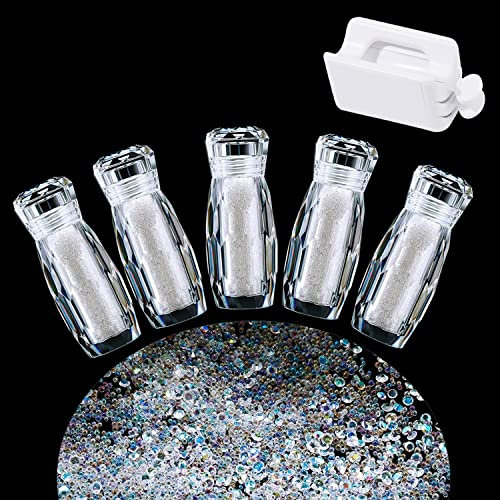 5 Bottles Micro Caviar Beads Micro Pixie Beads Micro Nail Beads Diamonds Stone Crystal Rhinestones Nail Decorations with Nail Powder Recycling Box (AB Color)