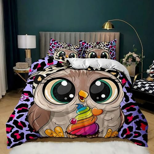 Bettwäsche 135x200 Lila Eule 110g/㎡ Microfiber Bettwäsche-Sets + 1 Kissenbezug 80x80 cm Kinderbettwäsche Mit Reißverschluss Kinder Jungen Mädchen Teenager