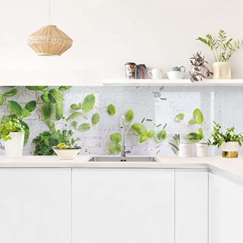 Bilderwelten Küchenrückwand Folie Glänzend 60x210 cm Kräuter auf Holz Shabby Spritzschutz Fliesenspiegel Küche-Rückwand Motiv Klebefolie