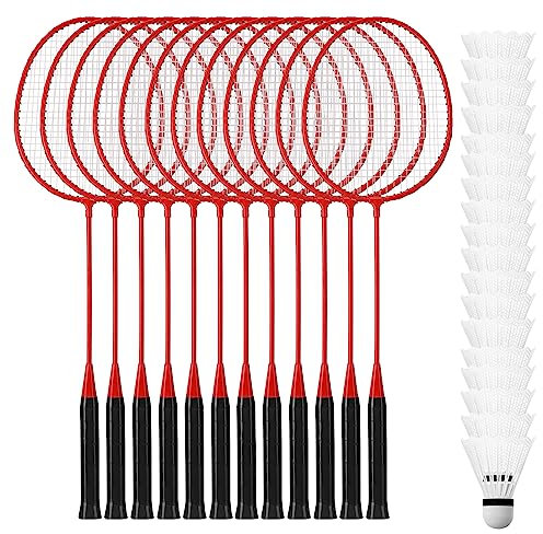 Wettarn 12 Stück Badmintonschläger mit 18 Nylon-Badmintonschlägern, Badmintonschläger, Bulk, Shuttle-Badminton-Set für Erwachsene, Jugendliche, Anfänger, Fortgeschrittene, Strand, Outdoor (rot)