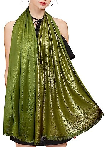 Funken Metallic Pashmina Schals und Stola für Damen, Lange Party Tücher Einheitliche Farbe Zwei Töne,Army Green/Gold