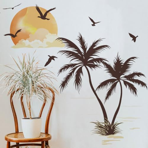 Runtoo Wandtattoo Palme Baum Boho Wandsticker Tropische Pflanzen Vögel Sonnenuntergang Wandaufkleber Wohnzimmer Schlafzimmer Kinderzimmer Babyzimmer Wanddeko