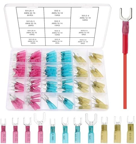 YIXISI 125 Stücke Schrumpf Draht Stecker Set, Schrumpfschlauch Steckverbinder, Elektrische Crimpverbinder, Kabelschuhe, Gabel Connectors, 22-10 AWG