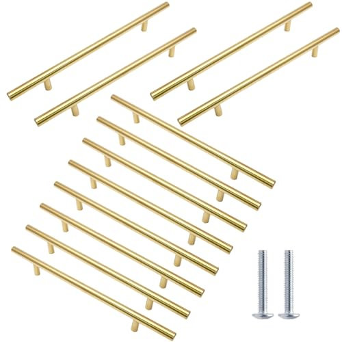 Cjueiom 12 Pack Gold Cupboard Handles 192mm Hole Center T Bar, Stainless Steel Drawer Pulls 300mm Length for Kitchen Cabinet, Wardrobe Door, Bedroom