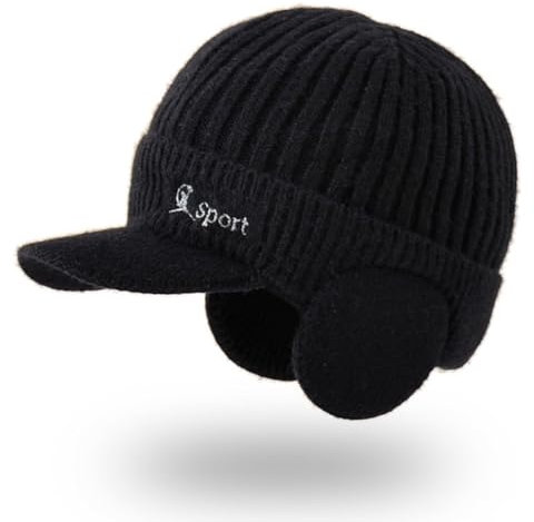 GUSHE Knitted Ear Protector,Men's Winter Visor Beanie Hat with Earflaps,Men's Peaked Beanie Hat,Knit Baseball Cap,Winter Hat Warm Knit Thick Fleece Lining,Winter Ski Outdoor Baseball Cap (1, Black)