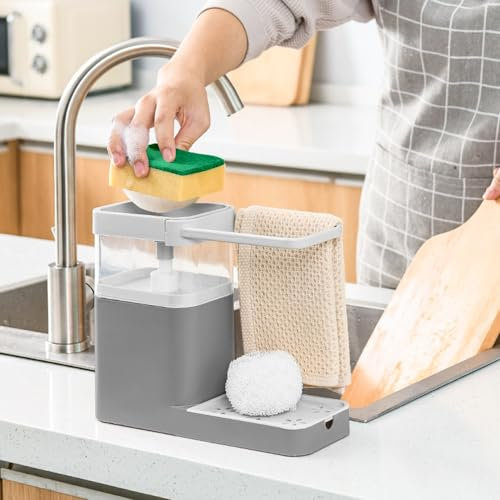 MININUSI Organizador Fregadero Cocina Con Dispensador De Jabon Porta Estropajos Balletas y Jabon Fregadero Dosificador Jabon Cocina con Soporte de Esponja para Guardar Estropajos y Trapos + 1x Esponja