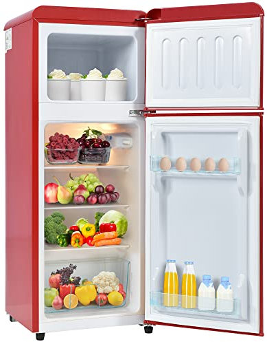 Merax Frigorifero retrò: combinazione frigo-congelatore a due porte con volume totale di 92 litri, ripiani in vetro, luce LED e consumo energetico di 181 kWh/anno rosso