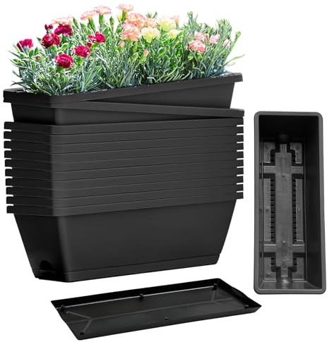 12 Packs Rectangle Plant Box with Drainage Holes and Trays Vegetables Flower Planters Pots for Windowsill, Garden, Balcony Black