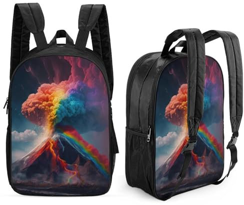 FUmoney 3D-gedruckter Regenbogen-Vulkan-Schulrucksack mit großen Taschen für Kinder, doppelseitige Kinderrucksäcke, Jungen- und Mädchen-Buchtaschen, Kinderschultasche, 43,2 cm