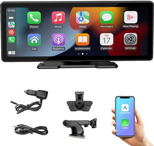 Pantalla Estéreo Portátil para Coche de 10,3'' HD IPS con Android Auto y Apple CarPlay Inalámbricos, Transmisor FM Bluetooth, 7V-32V para Camiones y Furgonetas