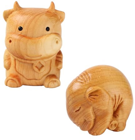 SHIDXIB Kleine Mini-Elefanten-Holzschnitzerei Ornament und zwölf Sternzeichen Stier Klippe Zypresse Holzschnitzerei Kuh Kalb Handwerk Einzigartige Handwerkskunst Ornamente