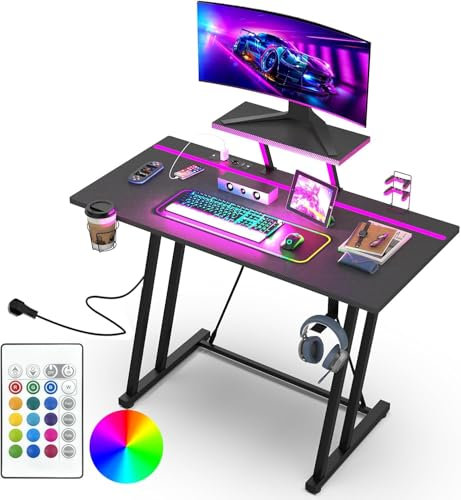 HaodaCulture Bureau Gaming LED 100x50cm, Table Gaming avec 2 Prises Electriques et 2 Ports USB, Support de Moniteur, pour Etudier, Jouer et Travailler, Noir