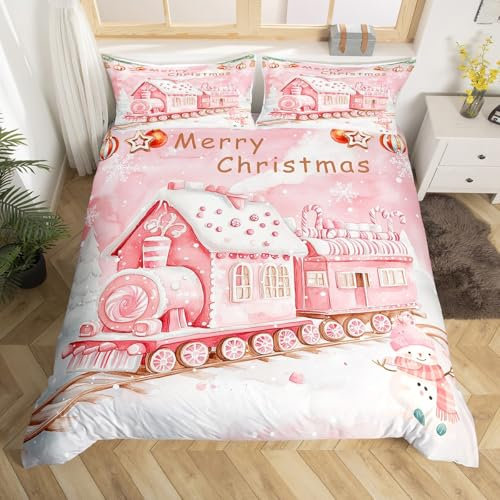 Housse de couette 3 pièces motif train de bonbons rose pour enfants, garçons, adolescents, filles, femmes, bonhomme de neige, housse de couette douce pour l'hiver doux (pas de couette), housse de
