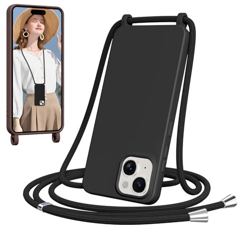 Woijrly Coque pour iPhone 15 avec Cordon, Collier Étui Silicone avec Tour de Cou Lanière, Réglable, Amovible, Antichoc Bumper Housse, Noir