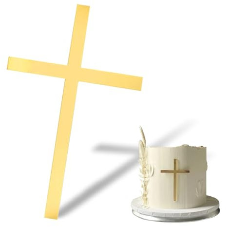 ZORVUJI 1 Stück Tortendeko Kommunion Kreuz Gold, Cake Topper Taufe Spiegel Acryl, 10x7cm Kuchendeko für Erstkommunion Taufe Firmung Konfirmation Party Dekoration Set